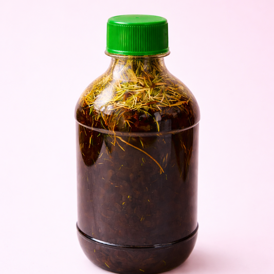 Vidya Naturals Hair Growth Oil bottle showing real infused rosemary and ayurvedic herbs for scalp stimulation