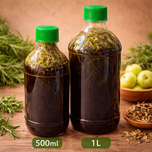 Vidya Naturals Hair Growth Oil bottle showing real infused rosemary and ayurvedic herbs for scalp stimulation