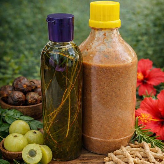 Two bottles with natural products on a wooden surface with a blurred green background