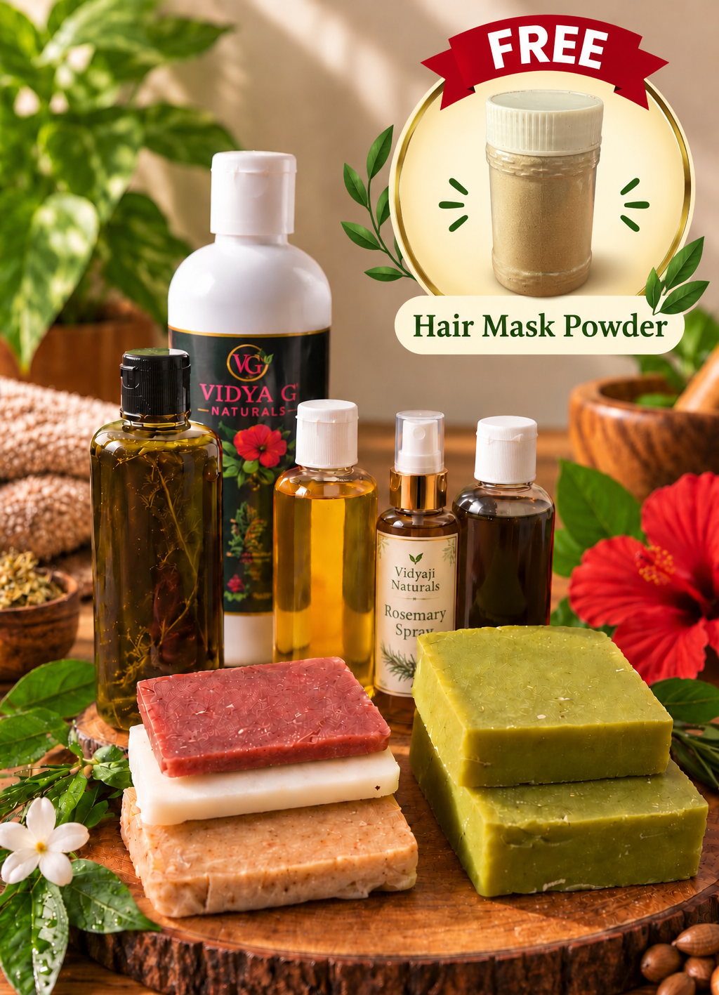 Rosemary Spray, herbal soaps, hair oils and free hair mask powder