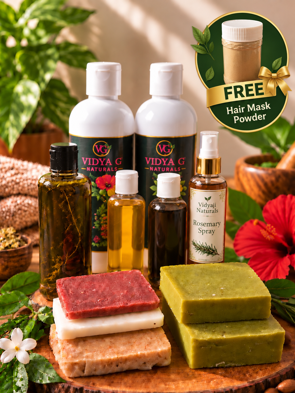 Rosemary Spray, herbal soaps, hair oils and free hair mask powder
