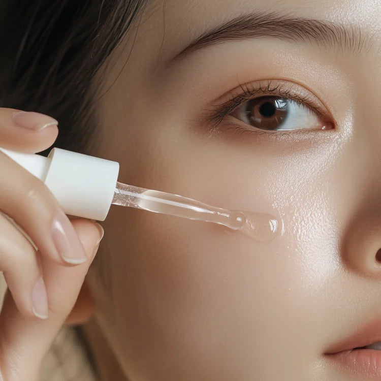 Close-up of a person applying a dropper of liquid to their face.