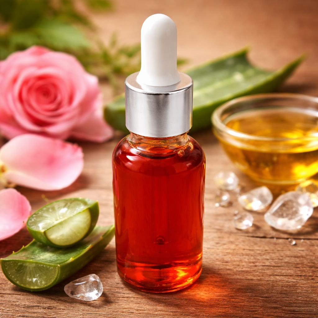 Vidya Naturals Skin Brightening Serum bottle with rose petals and aloe vera ingredients